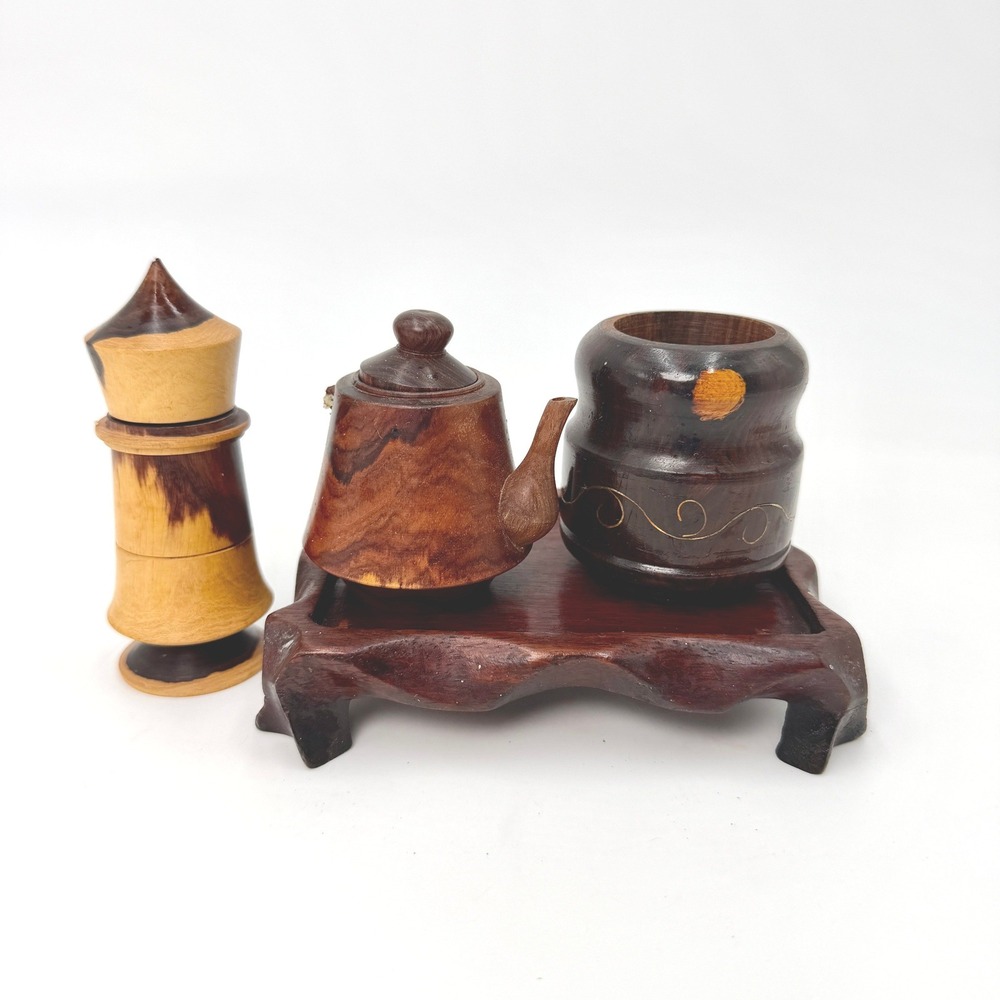 Vintage Hand Carved Wood Miniature Tea Set with Footed Tray 4 Piece READ